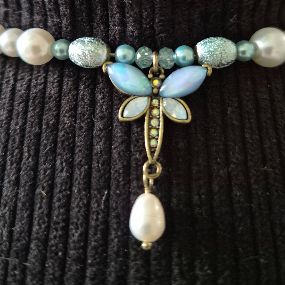 Handcrafted Beaded Hat Band • Dragonfly Charm • Blue & Pearl Western Boho Band